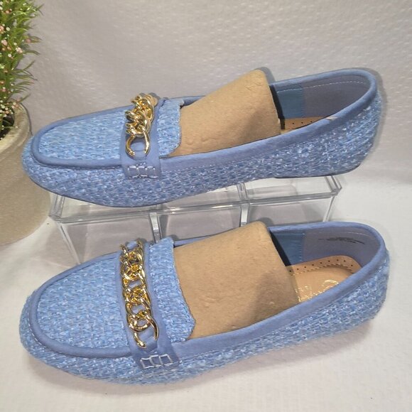 CATOS WOMENS BLUE TWEED LOAFER CHAIN ACCENT ON TOE LIKE NEW SIZE 9 EUC - Picture 2 of 9